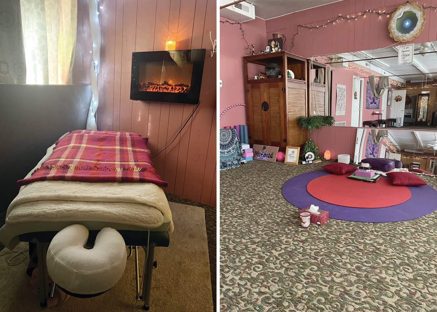 Shown here are the serene massage therapy room and calming yoga room of West Shore Wellness center on Sandy Lane in Warwick.  Visit them today at www.WestShoreWellness.com to learn more.